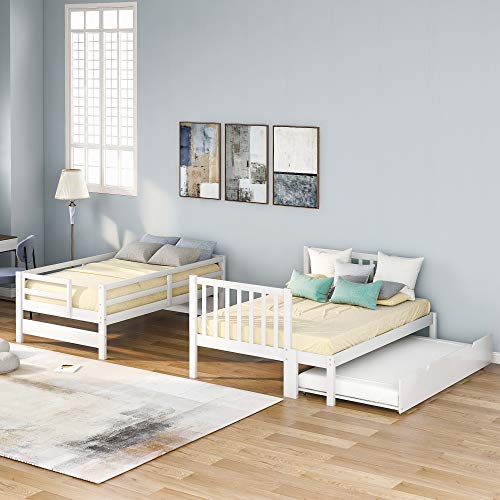 Twin over Full Bunk Bed with Trundle, Wood Bunk Bed with Storage Cabinet and Drawers, Convertible Bunk Beds Twin over Full Size Split into 3 Beds for Kids, Teens, Adults, Noise-reduced, White Harper & Bright Designs