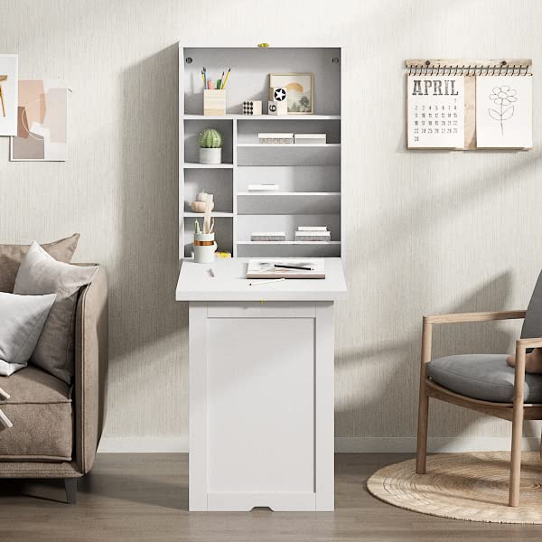 JAXPETY Wall Mounted Space Saving Desk Fold Out Convertible Desk Wood Floating Writing Desk with Storage Shelves Laptop Tabletop for Home Office, White JAXPETY