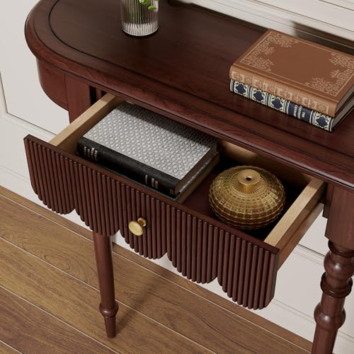Etelifrank Solid Wood Console Table with Drawer – Dark Walnut Entryway Table with Scalloped Edge and Straight Legs, Narrow Accent Sofa Table for Living Room or Hallway(Dark Walnut) Etelifrank