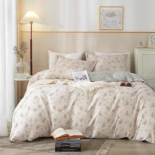 HighBuy Boho Floral Duvet Cover Full Cotton Aesthetic Bedding Set,Comforter Cover 3 Piece,Reversible Green Garden Lightweight,Soft,Zipper Closure,Breathable,All Season HighBuy