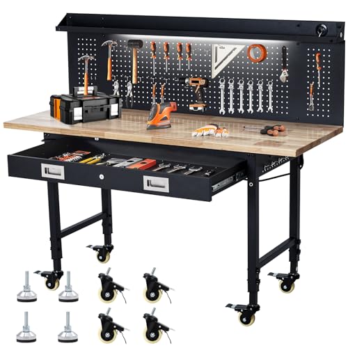 ACONEE 60" Adjustable Workbench with Drawer Storage, Heavy-Duty Worktable with Pegboard & Power Outlet, Solid Steel Frame, 2000LBs Load Capacity Rubber Wood Top Workbench for Garage, Office, Workshop ACONEE
