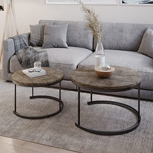 Lavish Home Round Coffee Table Set - 2-Piece Nesting Tables to Use Together or Separately - Modern Farmhouse Style (Gray-Brown) Lavish Home