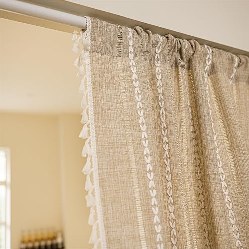 Sutuo Home Boho Door Curtains for Doorway, Bohemian Semi Blackout Curtains Privacy Embroidery Drape Decor for Temporary Room Dividers Bedroom Living Room, Rod Pocket 1 Panel 37" W x 80" L, Natural Sutuo Home