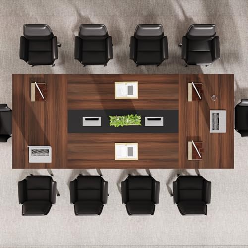 Tribesigns 8ft Conference Table, Modern Office Meeting Room Desk with Cable Management, Large Business Furniture for Boardroom, Conference Room (1, Walnut + Black) Tribesigns