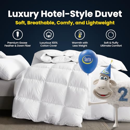 Serta Goose Feathers Down Fiber Comforter Queen Size Duvet Insert,100% Cotton,Hotel Luxury Hypoallergenic Comforter 58oz All Season Medium Warmth 90 x 90 in White Serta