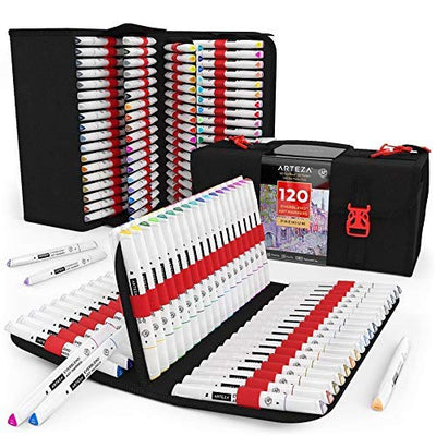 ARTEZA Art Alcohol Markers Set of 120 Colors, EverBlend Dual Tip Markers with 144-Slot Organizer, Fine and Broad Chisel Nib