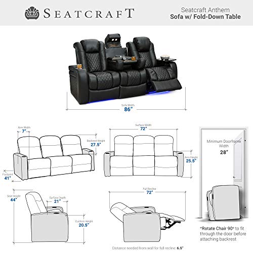 Seatcraft Anthem Home Theater Seating - Italian Leather - Power Recline Sofa - Fold-Down Table - Powered Headrests - Arm Storage - USB Charging - Cup Holders, Black Seatcraft