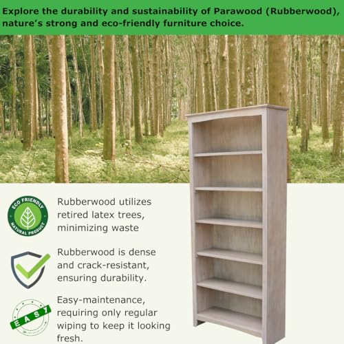IC International Concepts Shaker Bookcase Solid Real Wood, Sturdy Parawood, 72 Inch, Washed Gray Taupe IC INTERNATIONAL CONCEPTS