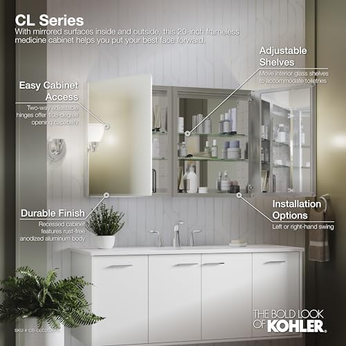 KOHLER K-CB-CLC2026FS Beveled Medicine Cabinet with Mirror Door & Adjustable Shelves, Rectangular Beveled Edge Frame, 20" x 26" KOHLER