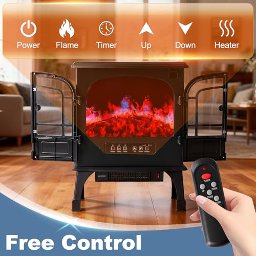 DUMOS Electric Fireplace Heater, 26" Freestanding Two Door Electric Fireplace Stove with 3D Flame Effect & Remote Control, Modern Stove for Home with Safety Features, Adjustable Heat & Timer, Charcoal DUMOS