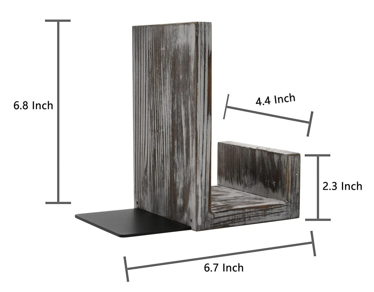 OwlGift Rustic Torched Wood L-Shaped Solid Wood Bookends, Decorative Bookends w/Black-Tone Metal Supports, Non-Skid and Sturdy to Hold Heavy Books, 1-Pair Owlgift