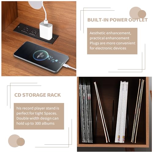 Record Player Stand with Charging Station & USB Ports, Mid-Century Turntable Stand Table Holds Up to 300 Albums, Vinyl Record Storage Cabinet with Wood Legs for Living Room Office(Walnut) Oubayajia