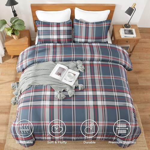 Andency Navy Red Plaid Comforter Set Queen(90x90Inch), 3 Pieces Grid Gingham Stripes Bedding Comforter Sets for Boys Girls Kids Teens, Preppy Geometric Line Soft Lightweight Reversible Bed Set as Gift Andency