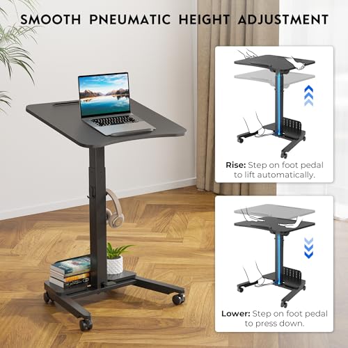 BONTEC Rolling Standing Desk, Tilting Desktop, Foot Pedal Height Adjustable, Small Mobile Portable Laptop Computer Workstation for Teacher Home Office with Storage Shelf, 2 Hooks, Wheels, Black BONTEC