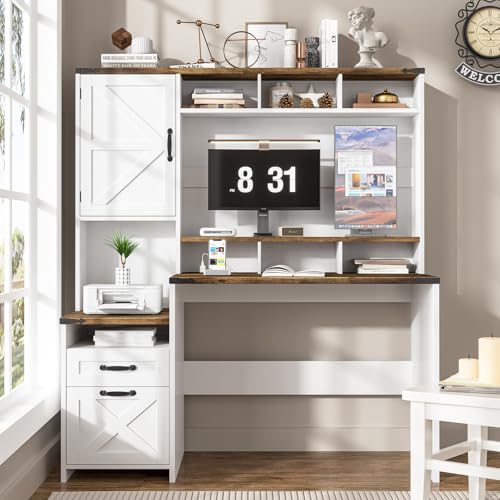 Vabches 51" Executive Desk Farmhouse Home Office Desk with Charging Station, LED Light, File Drawer, Storage Cabinet, Monitor Stand, Wood Computer Desk with Hutch for Work Study Writing (White) Vabches
