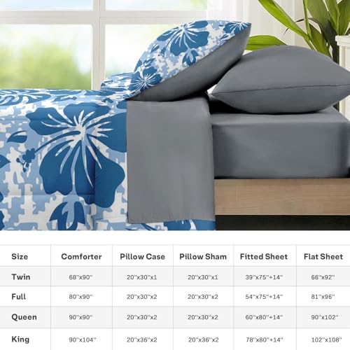 Nesker Comforter Set Full Size, Hawaiian Hawaii Flower 7 Pcs Bedding for Kids and Adults, Surf Hibiscus Floral Bed Sheet Sets with Fitted Sheet 2 Pillowcases & 2 Shams Nesker
