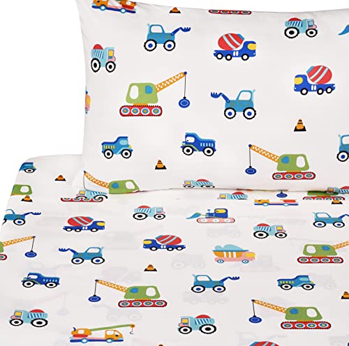 J-pinno Build Construction Engineering Vehicle Cars Trucks Crane Digger Cartoon 100% Cotton Twin 3 Pieces Sheet Set Decoration Kids Boys Children Flat Sheet + Fitted Sheet + Pillowcase Bedding Set J-pinno
