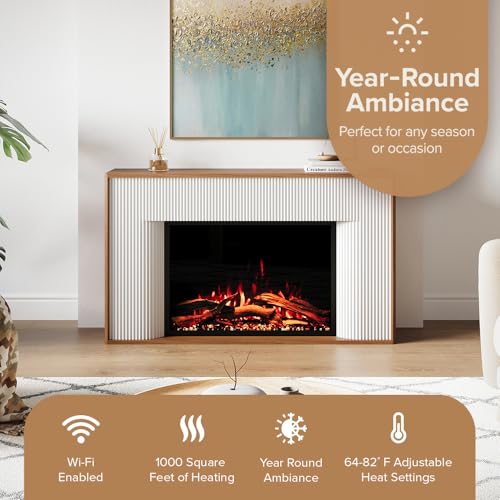 Modern Ember Arrie Smart Electric Fireplace Mantel Package | 33β Firebox Heater | Fluted Details w/Curved Leg Design | Multi-Flame Colors & Speed | Alexa/WiFi Enabled - Remote Included Modern Ember
