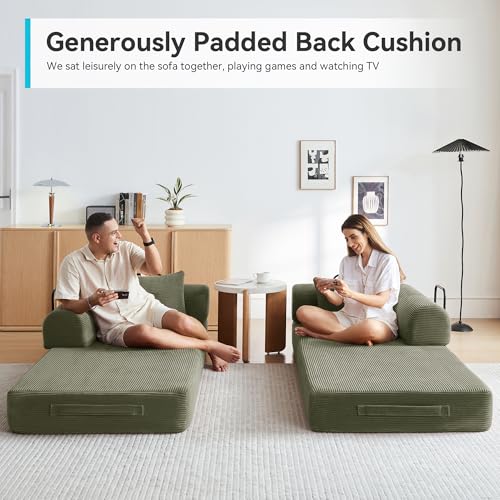 QQR Sleeper Sofa, Comfy Convertible Folding Couch-Futon-Corduroy Fabric Sleeper Sofa Bed with 2 Pillow, Removable Soft Cushion for Small Living Room Dorm/Bedroom/College/Office (Light Green) QQR