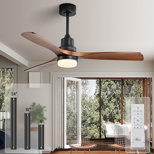 Sofucor 52 Inch Ceiling Fan with Lights Remote Control, Noiseless |Dimmable |6-Speed Outdoor Ceiling Fan with Light, Walnut 3 Blade Wood Ceiling Fan with Timer, Reversible DC Motor for Patio Bedroom Sofucor