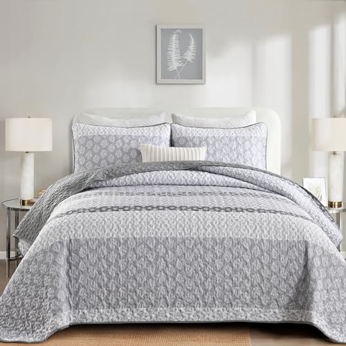 Boho Quilt Set Queen Size Gray Farmhouse Quilt Bedding Set Striped Lightweight Summer Bedspread Coverlet Bedding Set 96"x90" (3 Pieces) Cottolester