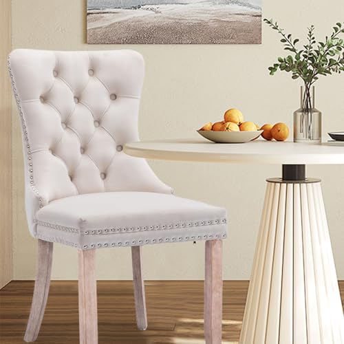 SoarTalent Velvet Upholstered Dining Chairs Set of 2, Modern Style Kitchen Side Chairs with Nailhead Trim and Wood Legs,Metal Pulling Ring for Dining Room Living Room(Beige,Set of 2) SoarTalent