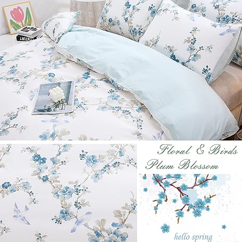 URBONUR Full Size Duvet Cover Sets Light Blue Garden Floral Bedding Comforter Cover, Ultra-Soft & Breathable Duvet Sets for All Season, Button Closure & Corner Ties URBONUR