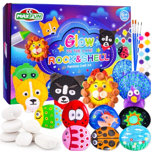 Max Fun Sea Shell & Rock Painting Kit, 2 ON 1 Glow in The Dark DIY Halloween Arts & Crafts Gifts for Kids Ages 4-12, Craft Activities Kits Creative Art Paint Toys for Boys Girls Birthday Party Gifts Max Fun