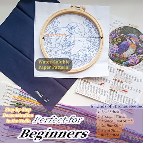 FONNUY Embroidery Kit for Beginners, Birds with Flowers Pre-Stamped Pattern Kits for Adults with Hoop, Easy to Follow Color Thread Needlework, 8'' Hoop (Purple 2)