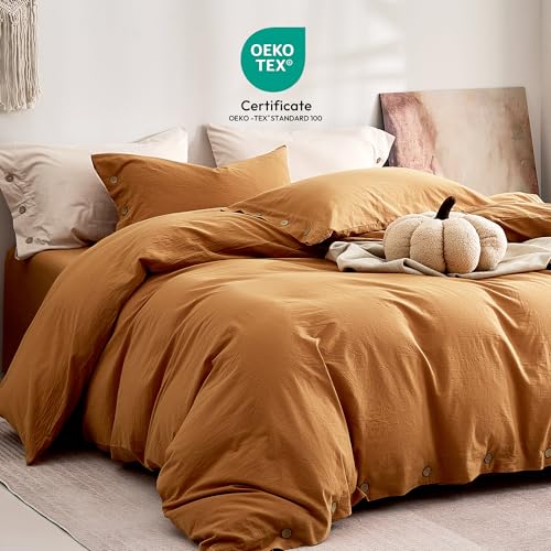 JELLYMONI 100% Washed Cotton Duvet Cover Full – Soft, Breathable Linen-Look Bedding with Natural Wrinkle Texture, Button Closure, 3-Piece Set (Amber Orange, 80"x90") JELLYMONI