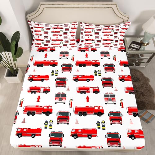 Erosebridal Fire Truck Sheet Set King for Boys Teens Girls Firemen Car Vehicle Flat Sheet Kids Youth Firefighter Truck Fitted Sheet Red Fire Fighting Supplies Print Bed Sheet Set with 2 Pillowcases Erosebridal
