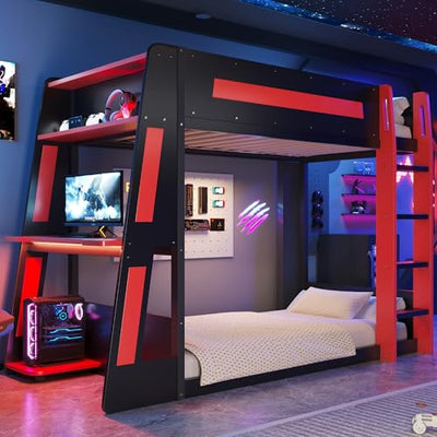 Twin Size Gaming Bunk Bed with Desk & LED Light & Charging Station,Twin over Twin Wood Loft Bed Frame with 2 Storage Shelves & Safety Guardrails & Ladder for PC & Console Gamers Bedroom,Black Red