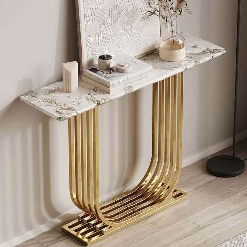 GDFStudio 43.3" Modern Console Table, Narrow Wooden Entryway Table with Imitation Marble Top and Gold Metal Base, Accent Sofa Table Behind Couch for Living Room Foyer Hallway, White+Gold GDFStudio