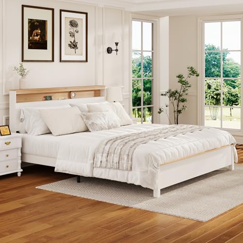 HoldoLife Bed Frame with Tall Headboard, King Size Platform Bed with Charging Station & LED Light, Modern Bedframe, Metal Support No Box Spring Needed, White Oak Finish HoldoLife