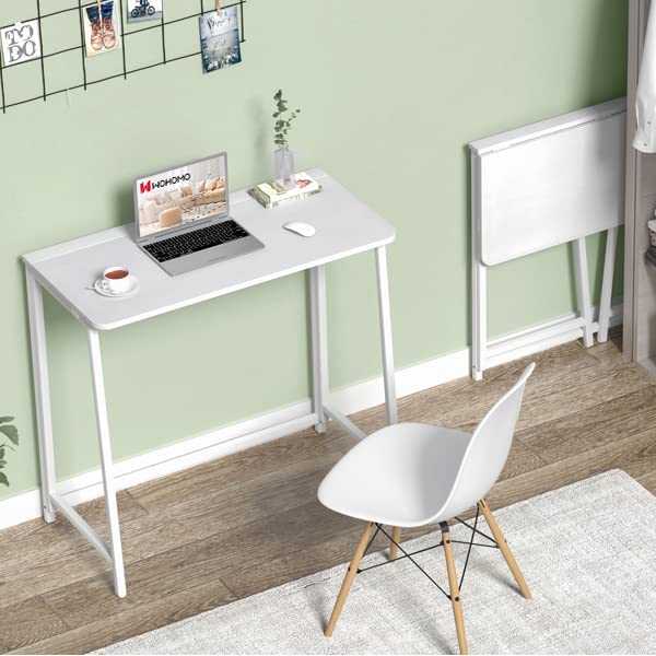 WOHOMO Folding Desk, 31.5" Small Desk for Small Spaces, Easy Assemble Foldable Computer Desk for Laptop, Mini Portable Working Table Narrow Wooden Writing Workstation for Home Office, White WOHOMO