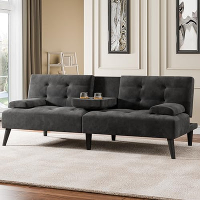 Meilocar 64" Futon Sofa Bed, 64" Convertible Loveseat with 2 Cup Holders, Small Couch with 3 Adjustable Angles & Removable Armrest, Modern Sleeper Sofa for Apartment,5.3 FT, Black