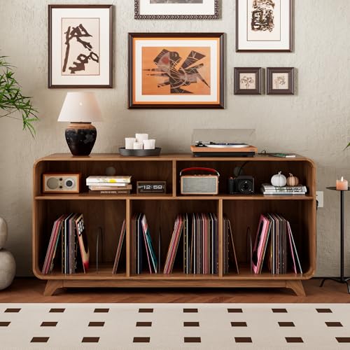 Boweniog Record Player Stand with Vinyl Storage Cabinet with Charging Station & USB Ports, Turntable Stand Table Holds Up to 350 Albums, Curved Vinyl Record Cabinet for Living Room (Walnut, 55-inch) Boweniog