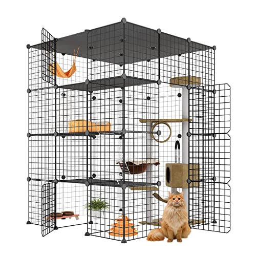 Eiiel Large Cat Cage, Cat Enclosures Indoor with Balcony, DIY Cat Playpen Detachable Metal Wire Kennels Crate 3x3x4 Large Exercise Place Ideal for 1-3 Cat Eiiel