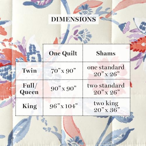 Martha Stewart King Size Quilt Bedding Set - 3 Piece, Soft Washed Microfiber, Printed Bedspread, Reversible, All Season, 1 Quilt, 2 King Pillow Shams, Blue, White & Red, Painted Floral Print Martha Stewart