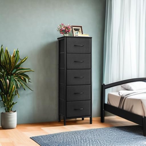 AODK Dresser for Bedroom with 5 Storage Drawers, 48" Tall Dresser Chest of Drawers Fabric Dressers with Sturdy Steel Frame, Black AODK