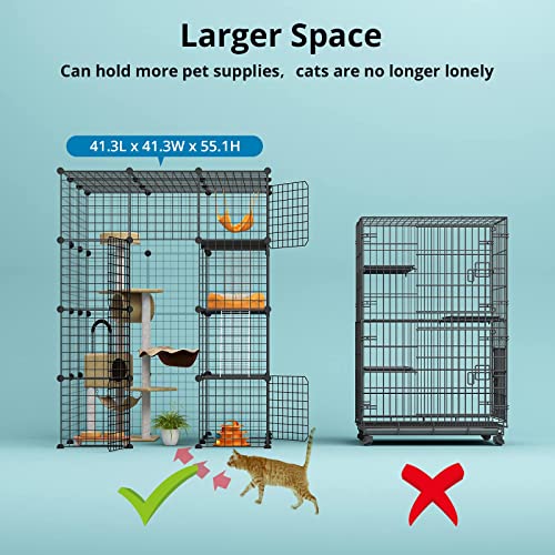 Eiiel Large Cat Cage, Cat Enclosures Indoor with Balcony, DIY Cat Playpen Detachable Metal Wire Kennels Crate 3x3x4 Large Exercise Place Ideal for 1-3 Cat Eiiel