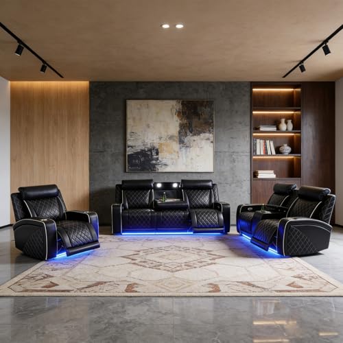 Saxum Tegmen 3 Pieces Power Reclining Sofa Set, Leather Recliner Couch Sets for Living Room Furniture, Sectional Sofa with LED Lights for Home Theater/Living Room/Office (Black, 3PCS Set)