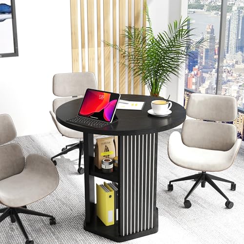 ZONVEOKE Small Conference Table for 2-4 People, 31.5" Round Meeting Table with 2-Layer Storage Shelf for Space Saving, Mid-Century Modern Seminar Boardroom Desk for Office Conference Room ZONVEOKE