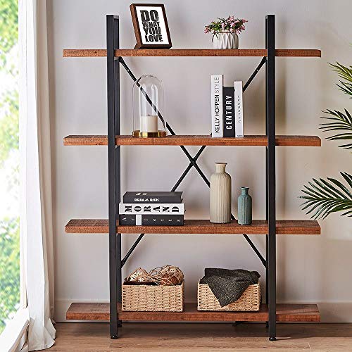 HSH Rustic 4-Tier Natural Wood Bookshelf with Industrial Metal Frame - Distressed Brown Etagere for Home and Office Storage HSH
