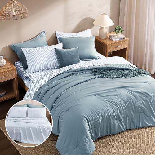 Monbix Queen Comforter Set - 7 Pieces Dusty Blue Prewashed Bed in a Bag Queen Bedding Sets with Comforters, All Seasons Ultra Soft Comforter Bed Set with Sheets,Pillowcases & Shams Monbix