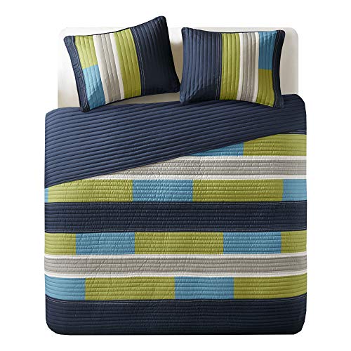 Comfort Spaces CS14-0861 2 Piece Quilt Coverlet Bedspread All Season Lightweight Hypoallergenic Pipeline Colorblock Kids Bedding Set, Twin/Twin XL, Pierre Navy/Blue Stripe Comfort Spaces