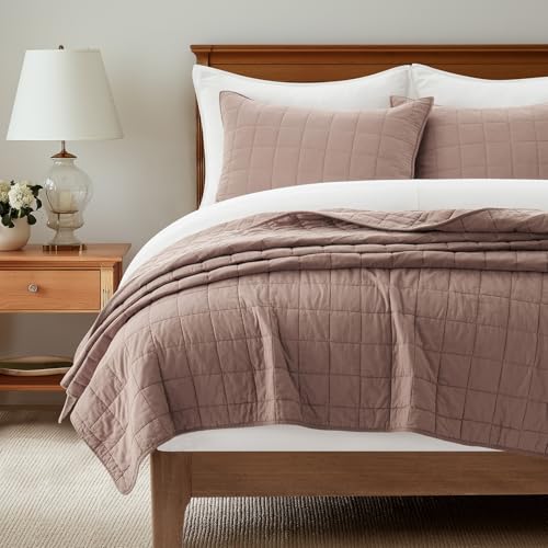 EVERGRACEHOME 100% Cotton Box Stitch Quilt Bedding Set King Size 3 Pieces, Garment-Washed Lightweight Soft Cozy Coverlet, Oversized Quilted Bedspread Sets with 2 Shams for All Season, Clay EVERGRACEHOME
