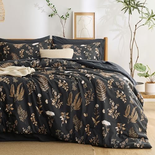 Bedsure Black Queen Comforter Set - 7 Pieces Floral Bedding Sets Queen Bed in a Bag with Reversible Botanical Flowers Comforter, Sheets, Pillowcases & Shams Bedsure