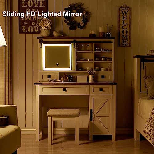 T4TREAM Farmhouse Makeup Vanity Desk with Sliding Mirror and Lights, 42'' Glass Tabletop Vanity Table with 2 Drawers & Shelves, Rustic Big Vanity Set T4TREAM