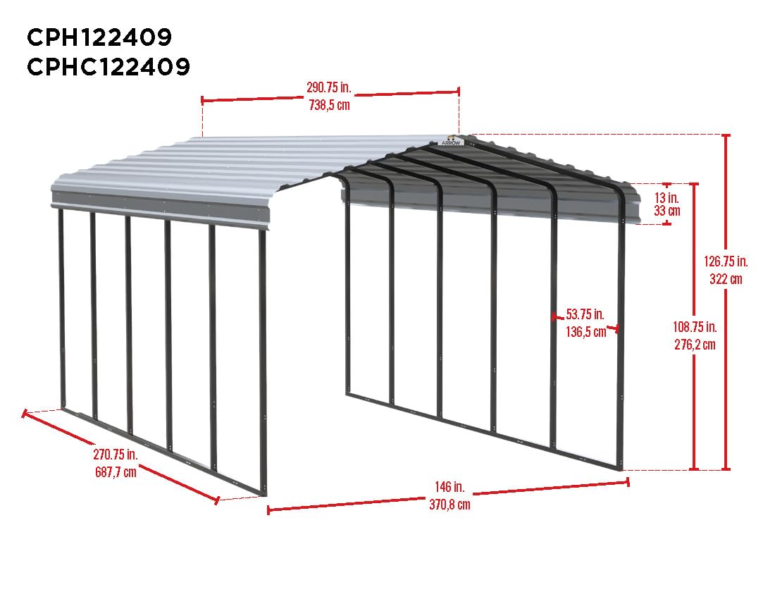 Arrow Carports Galvanized Steel Carport, Full-Size Metal Carport Kit, 12' x 24' x 9', Charcoal Arrow Shed